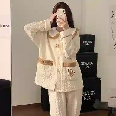 静英鸾 珊瑚绒三层夹棉保暖加绒加厚长袖长裤可爱甜美蝴蝶家居服冬季睡衣套装 女款