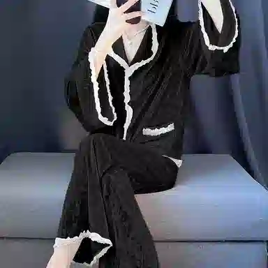 静英鸾 简约纯色高级感方领开衫长袖长裤休闲家居服秋冬季睡衣套装 女款