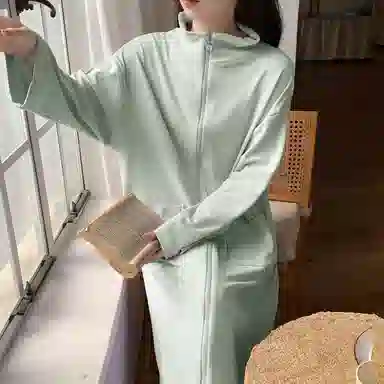 静英鸾 德绒长袖长裙翻领拉链纯色简约舒适家居服秋冬季保暖套装 女款