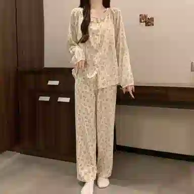 静英鸾 带胸垫长袖长裤圆领满印花朵休闲小清新家居服秋冬季睡衣套装 女款