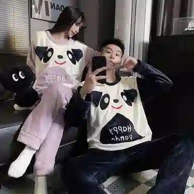 静英鸾 珊瑚绒加厚加绒保暖圆领卡通熊猫长袖长裤休闲家居服秋冬季睡衣套装 男女同款