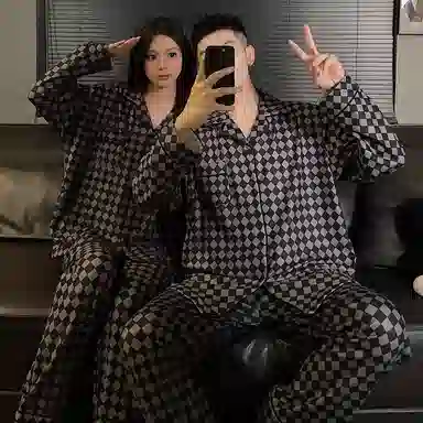 静英鸾 翻领格子简约风德绒加厚保暖休闲舒适家居服睡衣套装 男女同款
