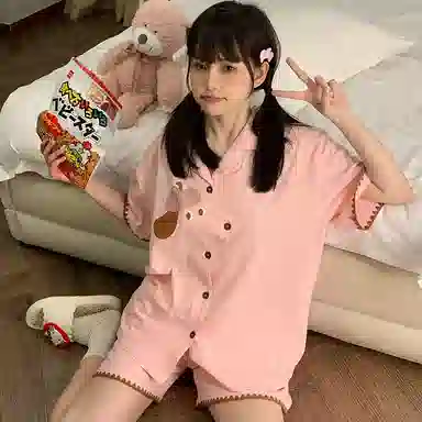 静英鸾 夏季女休闲开衫翻领短袖短裤可外穿家居服睡衣套装 女款