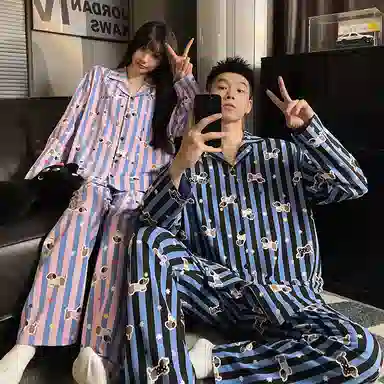 静英鸾 秋季翻领条纹腊肠狗甜美风休闲舒适可外穿家居服睡衣套装 男女同款