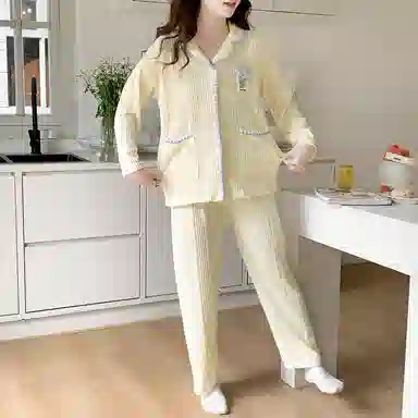 静英鸾 简约杏白甜美可爱卡通小恐龙休闲时尚可外穿家居服睡衣套装 女款