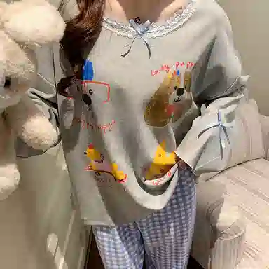 静英鸾 仿棉带胸垫圆领套头卡通小狗纯色格子家居服春秋季睡衣套装 女款