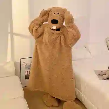 静英鸾 珊瑚绒保暖加绒加厚可爱狗熊卡通长袖休闲家居服睡袍 女款