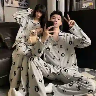 静英鸾 纯棉卡通可爱小狗字母翻领开衫长袖长裤休闲家居服秋冬季睡衣套装 男女同款