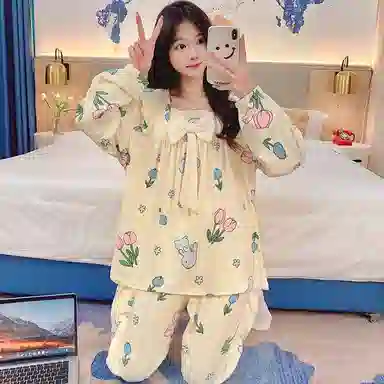 静英鸾 德绒长袖长裤方领套头可爱卡通花朵兔子两件套家居服秋冬季保暖套装 女款