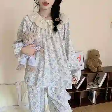 静英鸾 云朵棉长袖长裤圆领套头纯色碎花甜美清新花边两件套家居服秋冬季睡衣套装 女款