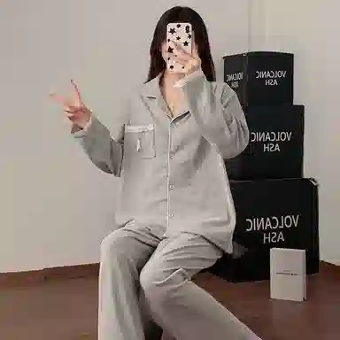 静英鸾 德绒保暖加厚长袖长裤翻领开衫纯色简约舒适家居服冬季睡衣套装 女款