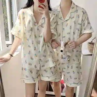 静英鸾 家居情侣可爱小熊图案短袖短裤简约设计服睡衣礼盒 男女同款