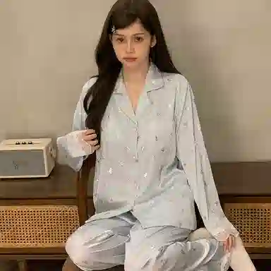 静英鸾 冰雪丝带胸垫长袖长裤翻领开衫甜美蝴蝶结简约两件套家居服秋冬季睡衣套装 女款