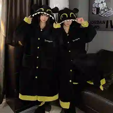 静英鸾 珊瑚绒加厚加绒中长款卡通可爱小怪兽连帽睡袍秋冬季保暖家居服睡衣套装 男女同款