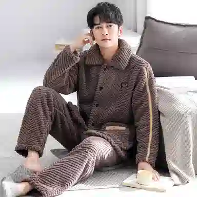 静英鸾 翻领简约设计加厚加绒可外穿开衫家居服睡衣套装 男款