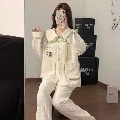 静英鸾 珊瑚绒三层夹棉保暖加绒加厚长袖长裤可爱小清新熊猫家居服冬季睡衣套装 女款