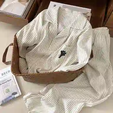 静英鸾 情侣轻便舒适条纹可外穿长袖家居服睡衣套装 男女同款