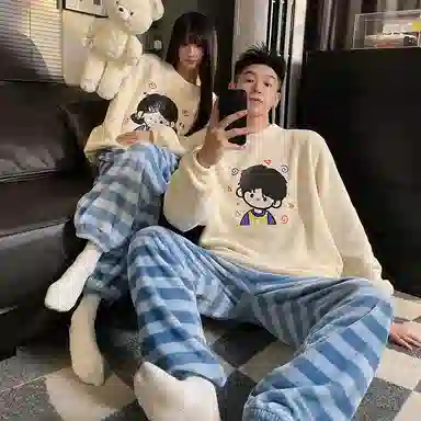 静英鸾 珊瑚绒保暖加绒加厚卡通男孩可爱女孩圆领长袖长裤休闲家居服睡衣套装 男女同款