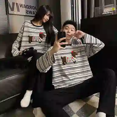 静英鸾 纯棉卡通可爱腊肠狗条纹圆领套头长袖长裤休闲家居服秋冬季睡衣套装 男女同款