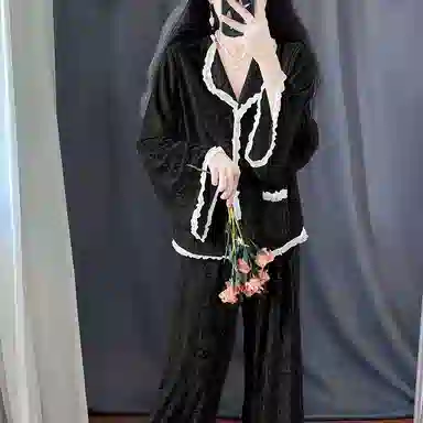 静英鸾 简约纯色高级感方领开衫长袖长裤休闲家居服秋冬季睡衣套装 女款