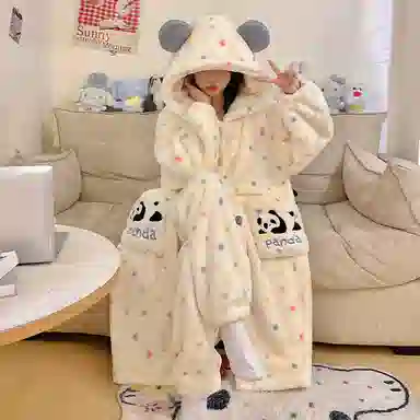 静英鸾 秋冬季卡通熊猫彩色圆点甜美风珊瑚绒保暖加绒加厚连帽家居服睡衣套装 女款