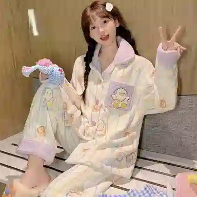 静英鸾 翻领简约休闲时尚甜美可爱卡通鸭子法兰绒亲肤柔软舒适可外穿家居服睡衣套装 女款