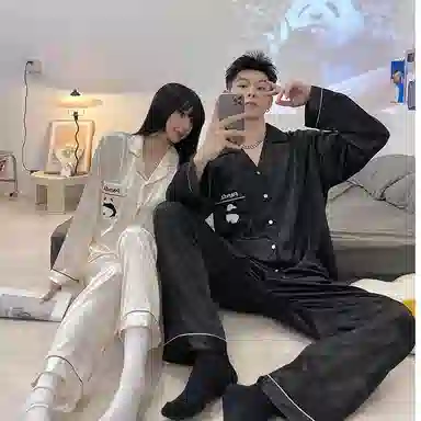静英鸾 情侣休闲简约设计长袖长裤翻领卡通熊猫图案家居服睡衣套装 男女同款
