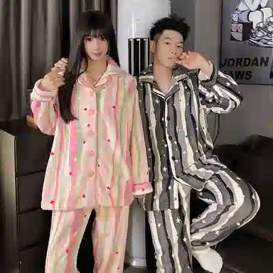 静英鸾 翻领卡通爱心星星甜美风珊瑚绒加绒加厚保暖家居服秋冬季睡衣套装 男女同款