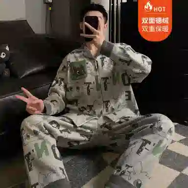 静英鸾 休闲时尚可爱字母卡通亲肤保暖舒适可外穿家居服睡衣套装 男款