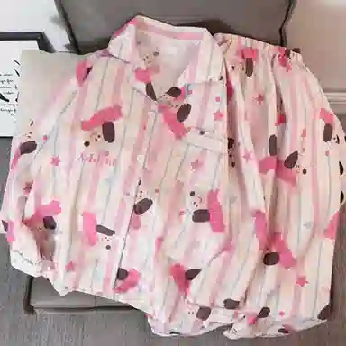 静英鸾 家居女条纹舒适卡通小狗图案长袖翻领可外穿服睡衣套装 女款