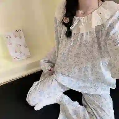 静英鸾 云朵棉长袖长裤圆领套头纯色碎花甜美清新花边两件套家居服秋冬季睡衣套装 女款