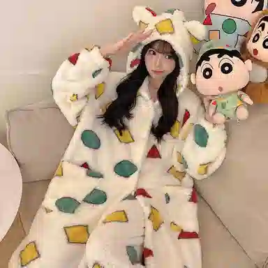 静英鸾 珊瑚绒保暖加绒加厚图形简约纯色连帽开衫睡袍长裤休闲家居服睡衣套装 女款