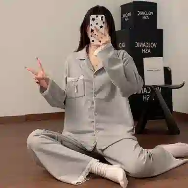 静英鸾 德绒保暖加厚长袖长裤翻领开衫纯色简约舒适家居服冬季睡衣套装 女款