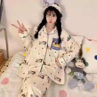 静英鸾 德绒长袖长裤翻领开衫可爱卡通腊肠狗休闲两件套家居服秋冬季睡衣套装 女款