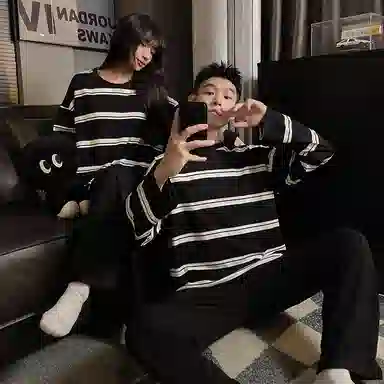 静英鸾 纯棉简约纯色条纹圆领套头长袖长裤休闲家居服秋冬季睡衣套装 男女同款