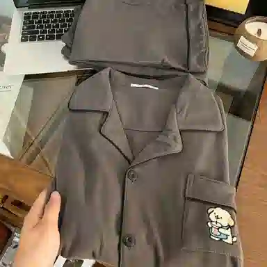 静英鸾 德绒保暖加厚卡通奶茶小狗可爱翻领开衫长袖长裤休闲家居服睡衣套装 男女同款