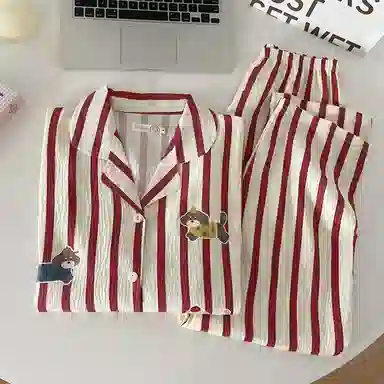 静英鸾 条纹舒适简约长袖翻领设计家居服睡衣套装 女款