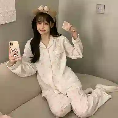 静英鸾 棉质长袖长裤翻领开衫可爱卡通小狗两件套家居服秋冬季睡衣套装 女款