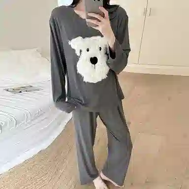 静英鸾 棉质带胸垫长袖长裤圆领套头纯色可爱卡通毛绒小狗休闲家居服秋冬季睡衣套装 女款
