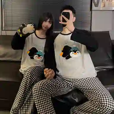 静英鸾 纯棉卡通可爱趴趴企鹅圆领套头长袖长裤休闲家居服秋冬季睡衣套装 男女同款