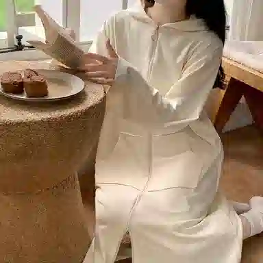 静英鸾 德绒长袖长裙连帽拉链纯色简约休闲舒适家居服秋冬季保暖套装 女款