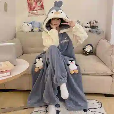 静英鸾 珊瑚绒保暖加绒加厚卡通企鹅可爱连帽休闲睡袍睡衣套装 女款