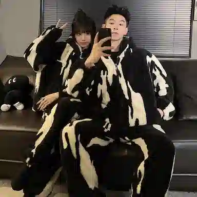 静英鸾 秋冬季时尚简约风珊瑚绒加绒加厚保暖连帽家居服睡衣套装 男女同款