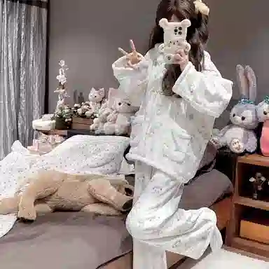 静英鸾 珊瑚绒保暖加绒加厚卡通熊猫可爱连帽休闲家居服睡衣套装 女款