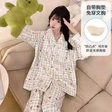 静英鸾 带胸垫长袖长裤翻领开衫卡通格子兔子小熊家居服睡衣套装 女款