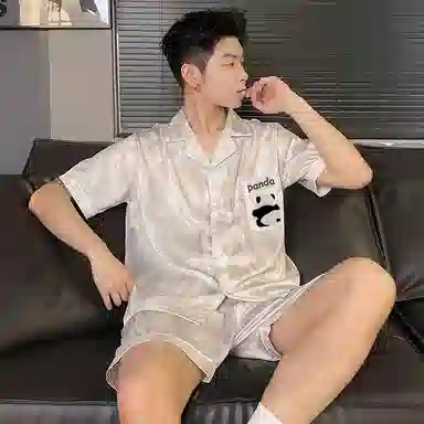 静英鸾 夏季情侣舒适熊猫图案亲肤透气短袖短裤家居服睡衣套装 男女同款