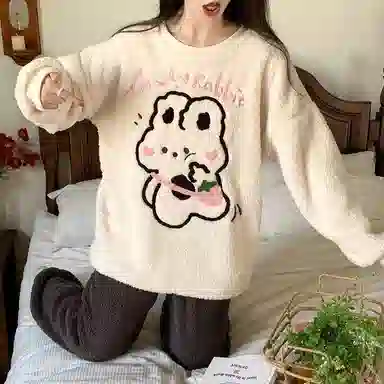 静英鸾 半边绒加厚保暖卡通甜美兔子圆领长袖长裤休闲家居服秋冬季睡衣套装 女款