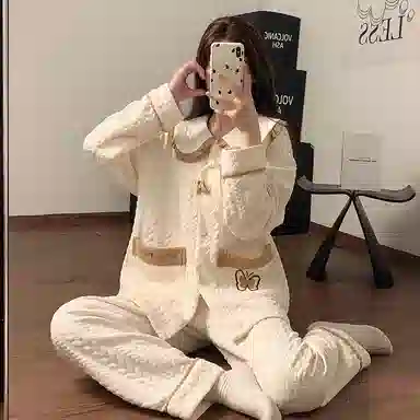静英鸾 珊瑚绒三层夹棉保暖加绒加厚长袖长裤可爱甜美蝴蝶家居服冬季睡衣套装 女款
