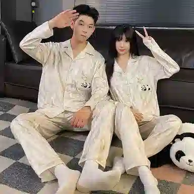 静英鸾 简约熊猫印花长袖长裤开衫舒适家居服睡衣套装 男女同款