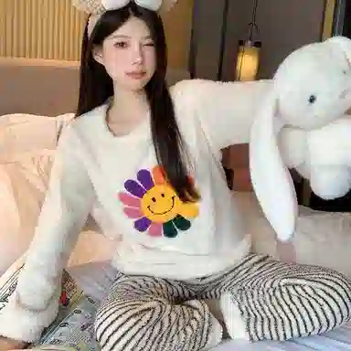 静英鸾 珊瑚绒加绒加厚保暖圆领简约大花长袖长裤休闲家居服秋冬季睡衣套装 女款